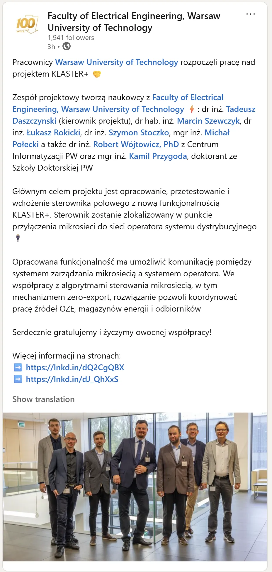 Informacja o projekcie KLASTER+ na LinkedIn Wydziału Elektrycznego PW